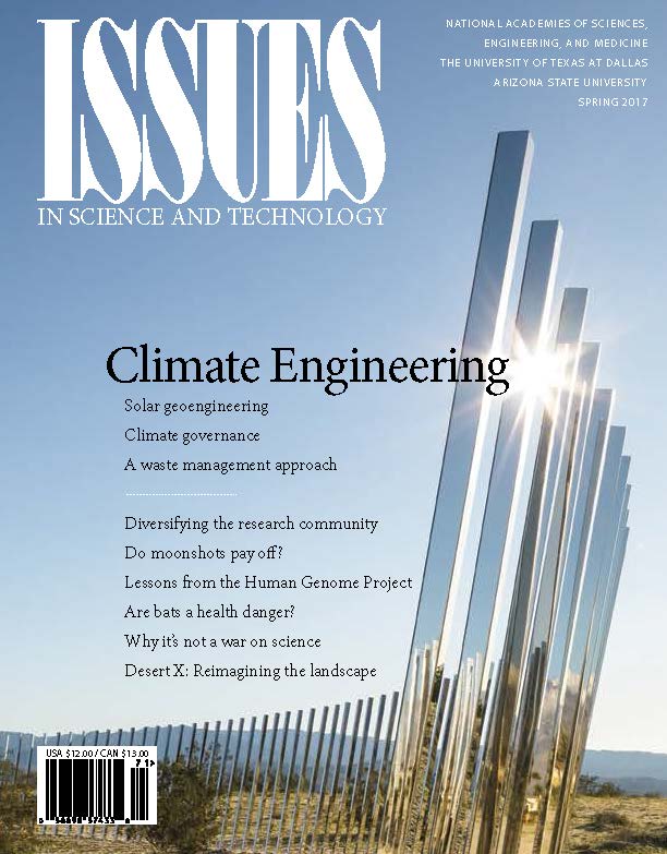 Issues Spring 2017 Climate Engineering Front Cover with Mirror artwork shining in the sunIssues Spring 2017 Climate Engineering Front Cover with Mirror artwork shining in the sun