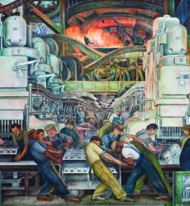 Detailed drawing of steel workers in a Detroit auto factory