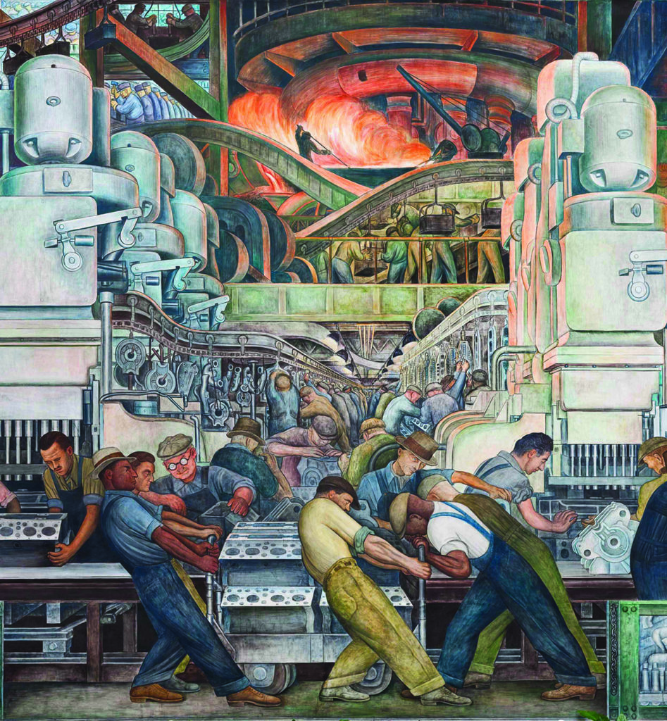 Detailed drawing of steel workers in a Detroit auto factory