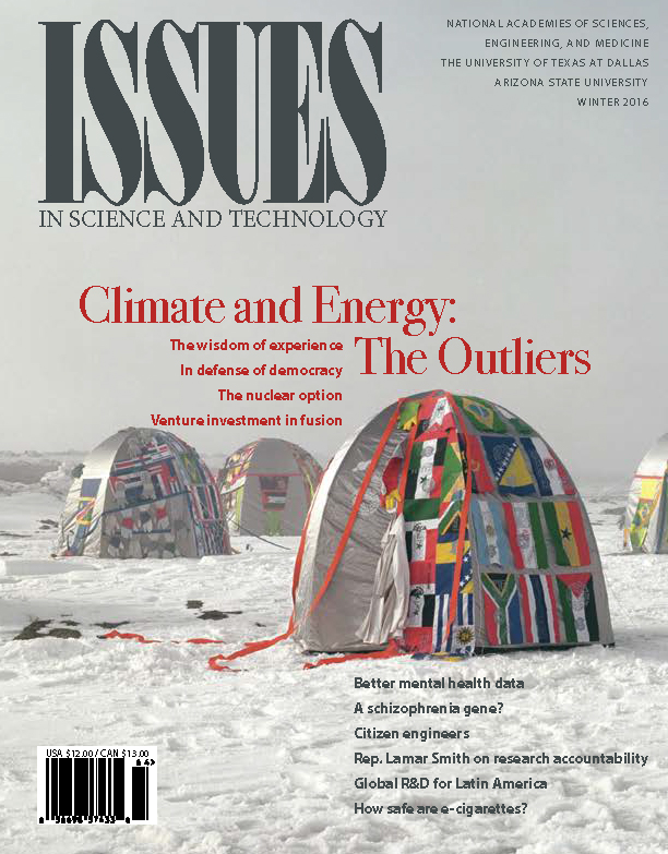 Issues WInter 2016 Climate and Energy: The Outliers Front Cover Featuring tents with flags on them