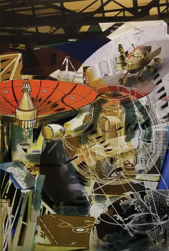 Ellen K. Levy, "Messenger," 2021, acrylic and gel over print, 40 x 60 inches