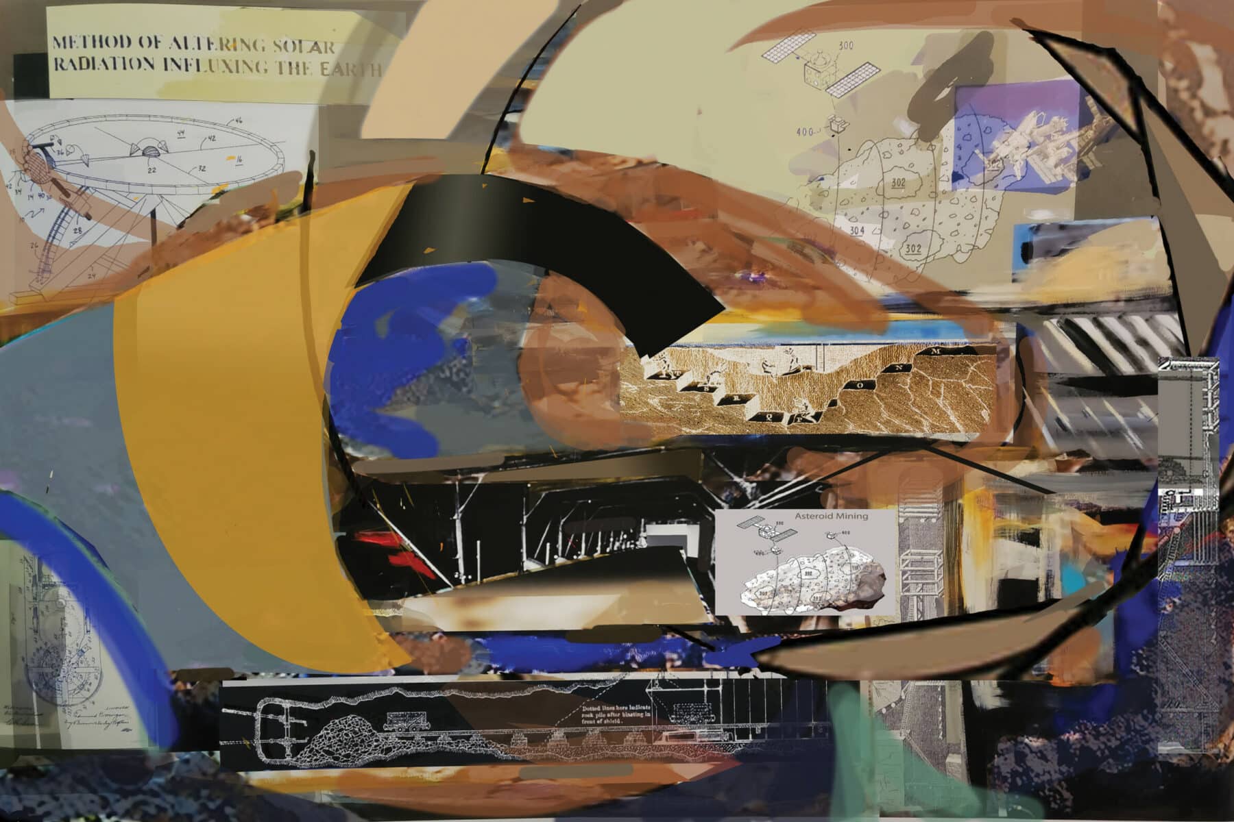 Ellen K. Levy, "Mining: A Brief History," 2021, acrylic and gel over print with augmented reality component, 40 x 60 inches