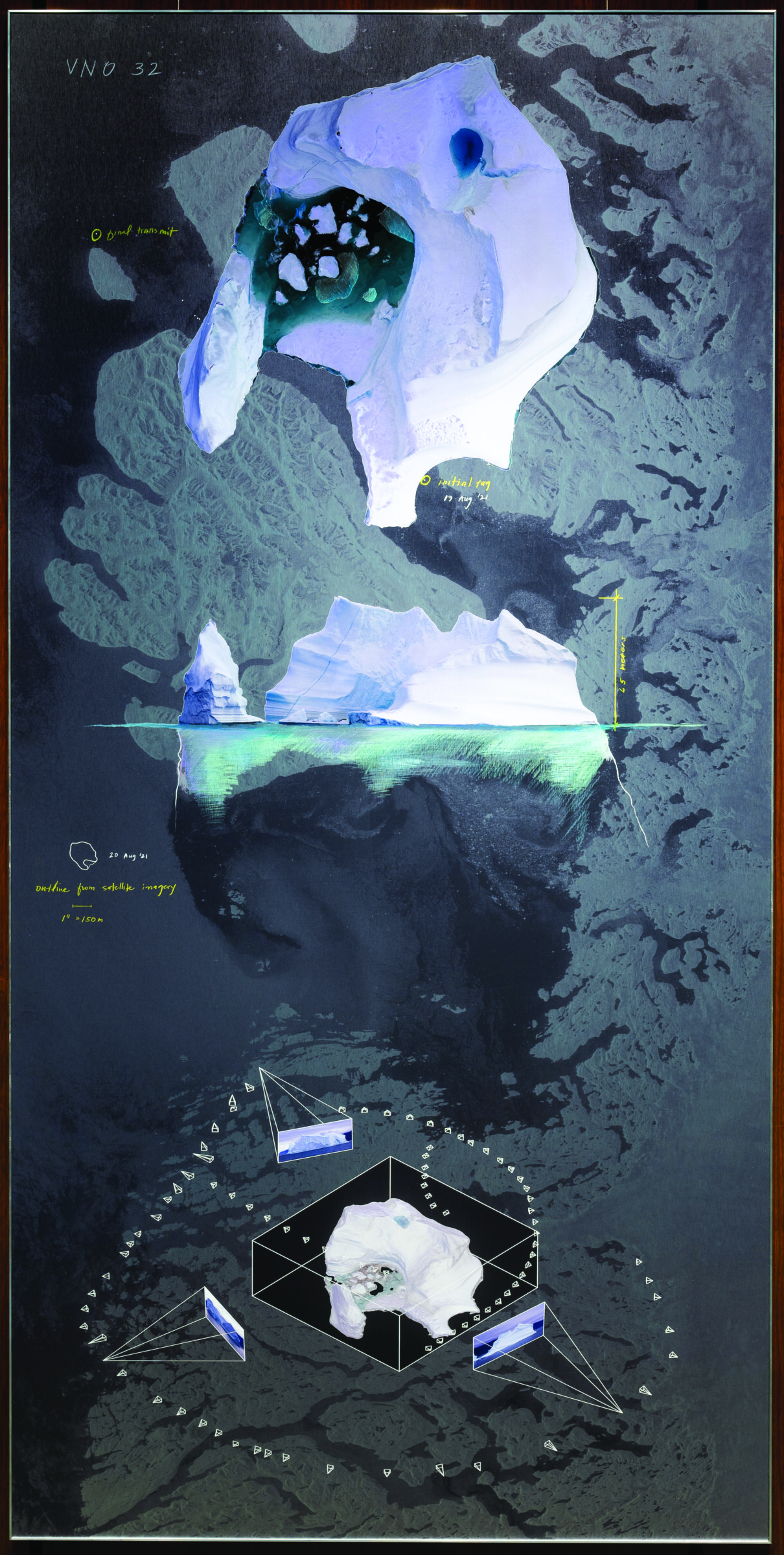 Iceberg Portraiture, 2022, aluminum, ink, and wax pastel, 84 x 42 inches
