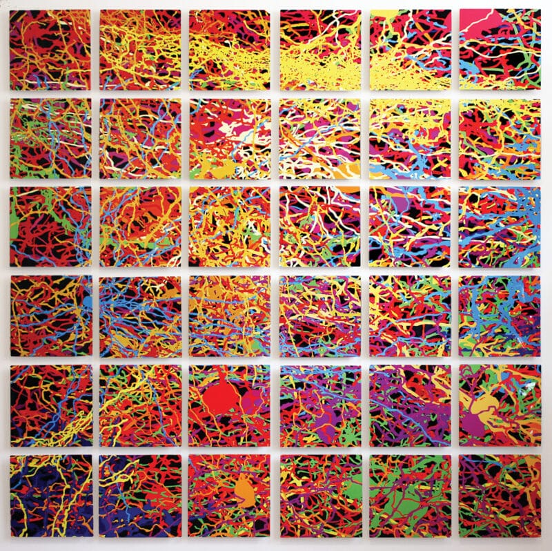 Julia Buntaine Hoel, “For Pollock” (2017), digital collage printed on aluminum, 65 x 65 inches. Neuron data from EyeWire.
