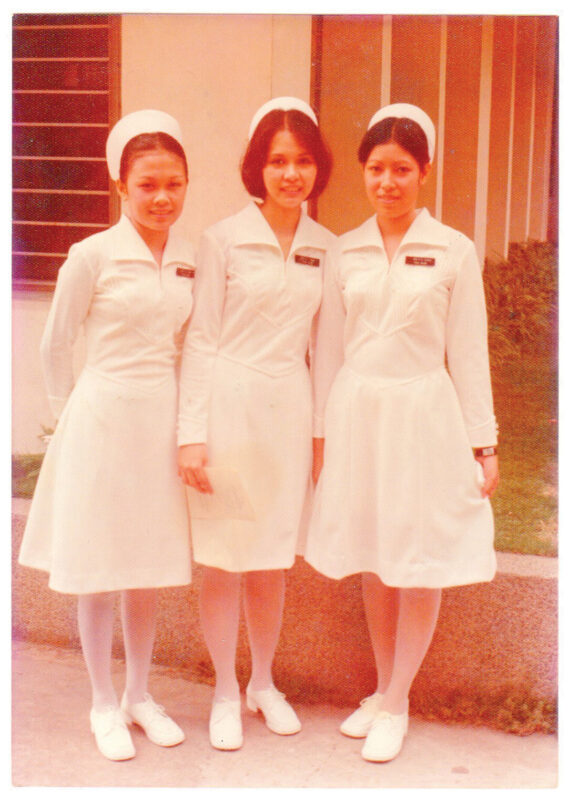 Graduation photo of Rizalita Legaspi Aniel, Neruta Ladia, and Norma Lesada, March 1976.