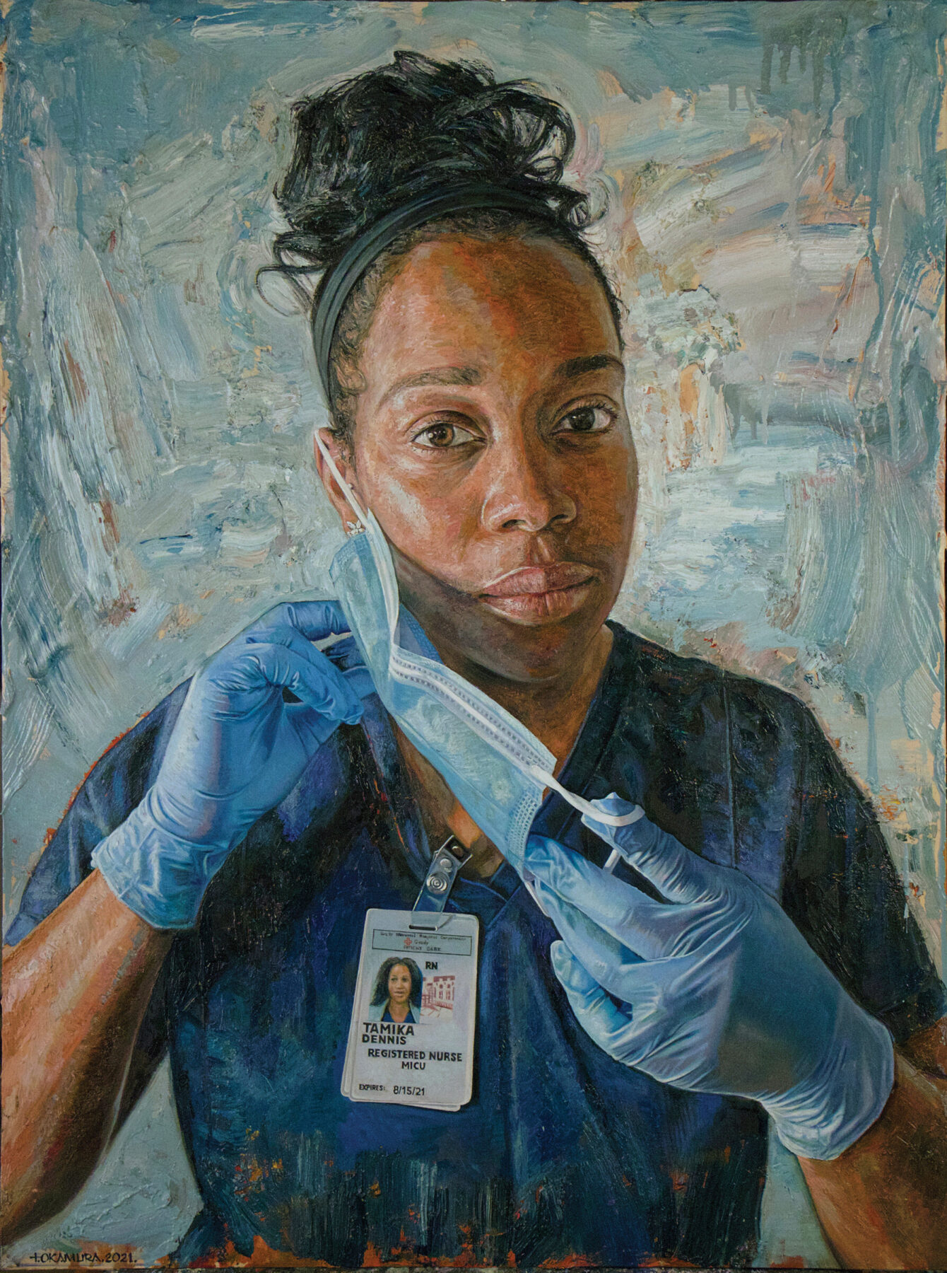 Tim Okamura, "Nurse Tamika" (2021), oil on wood panel, 24 x 30 in.