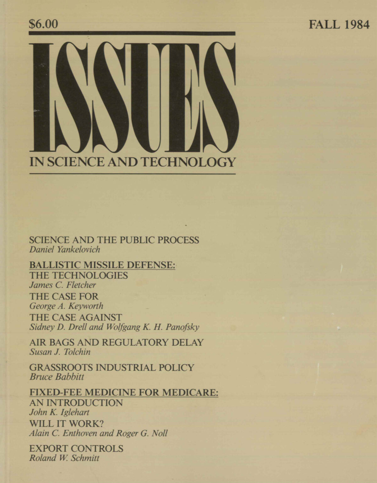 Cover of the Fall 1984 Issues in Science and Technology
