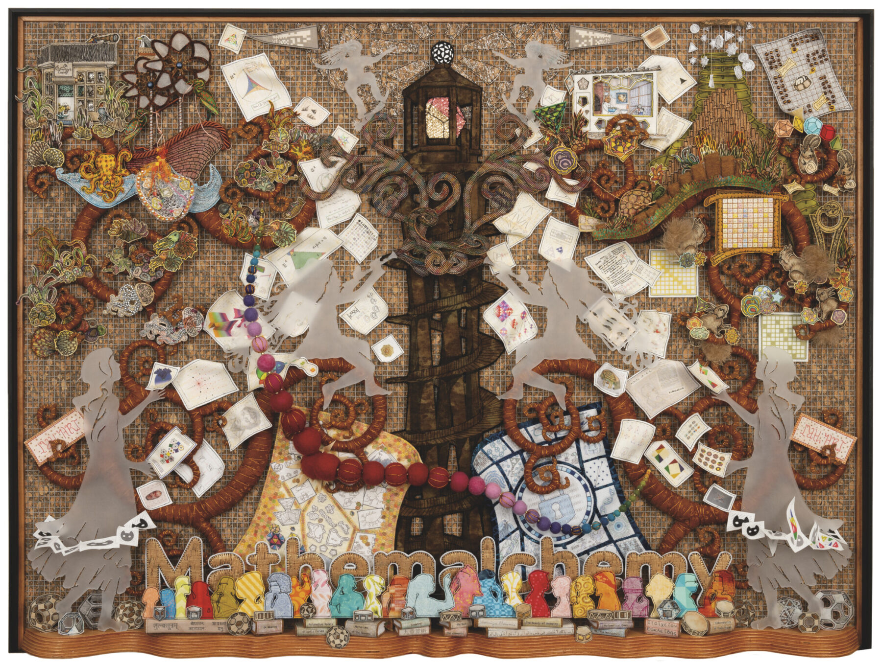 Dominique Ehrmann, "A Curious Collaboration," 2022–2023, textiles and acrylic on cork with wood frame, 30.5 x 40.5 x 3.5 inches. Permanent collection of the National Academy of Sciences.