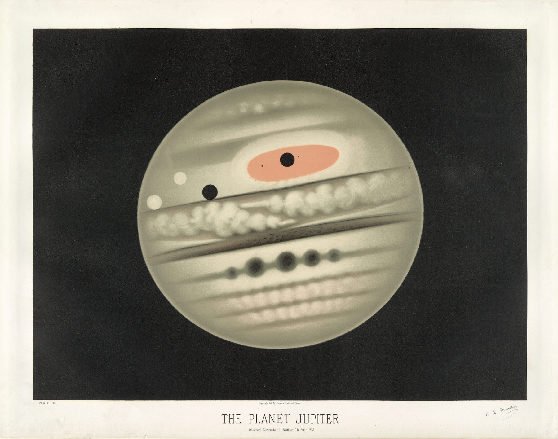 Étienne Léopold Trouvelot, The Planet Jupiter, 1881–1882, Chromolithograph, 33 x 41 inches, Smithsonian National Air and Space Museum. Image credit: New York Public Library, Rare Book Division, Digital Collections: All Astronomical Drawings.