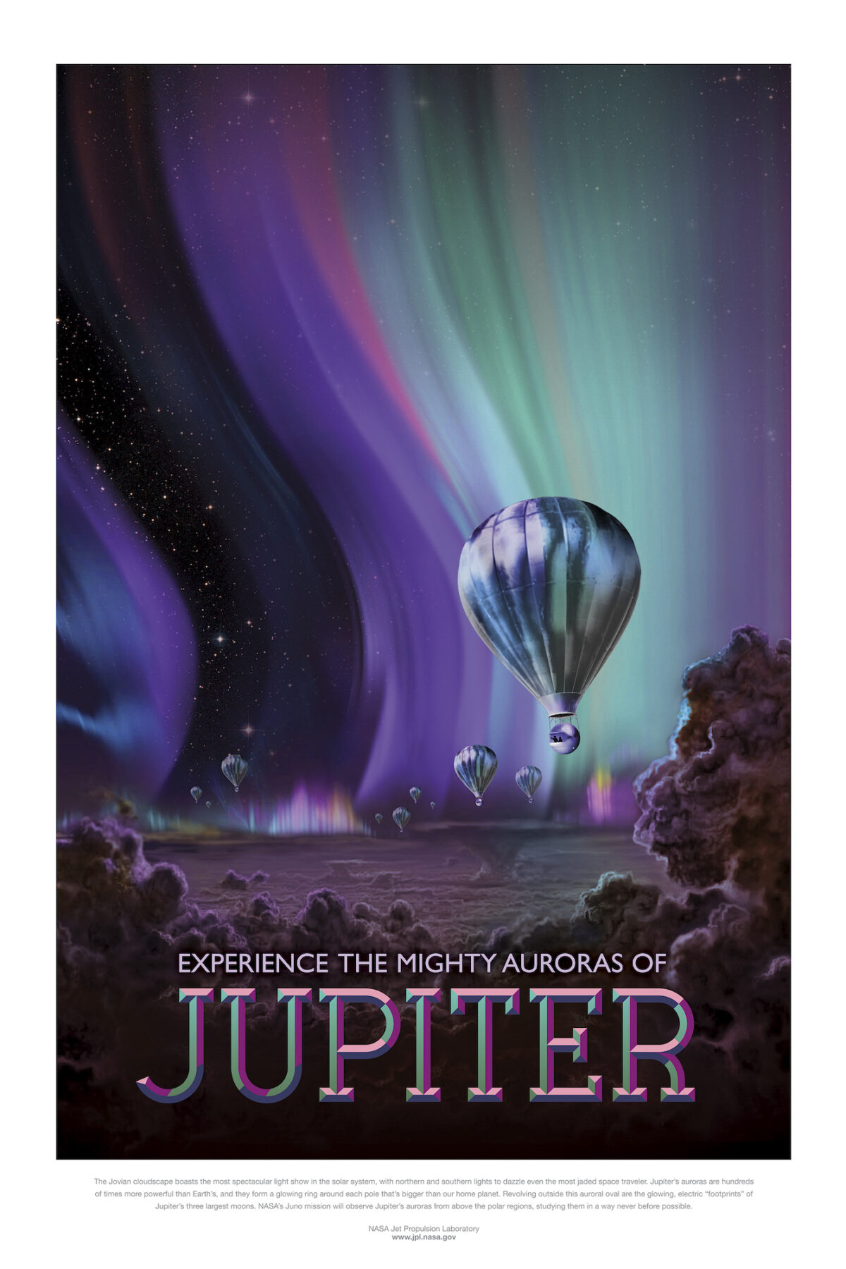 Artist rendering of Jupiter’s auroras from NASA Jet Propulsion Laboratory’s Visions of the Future poster series, 2016, courtesy of NASA/JPL.