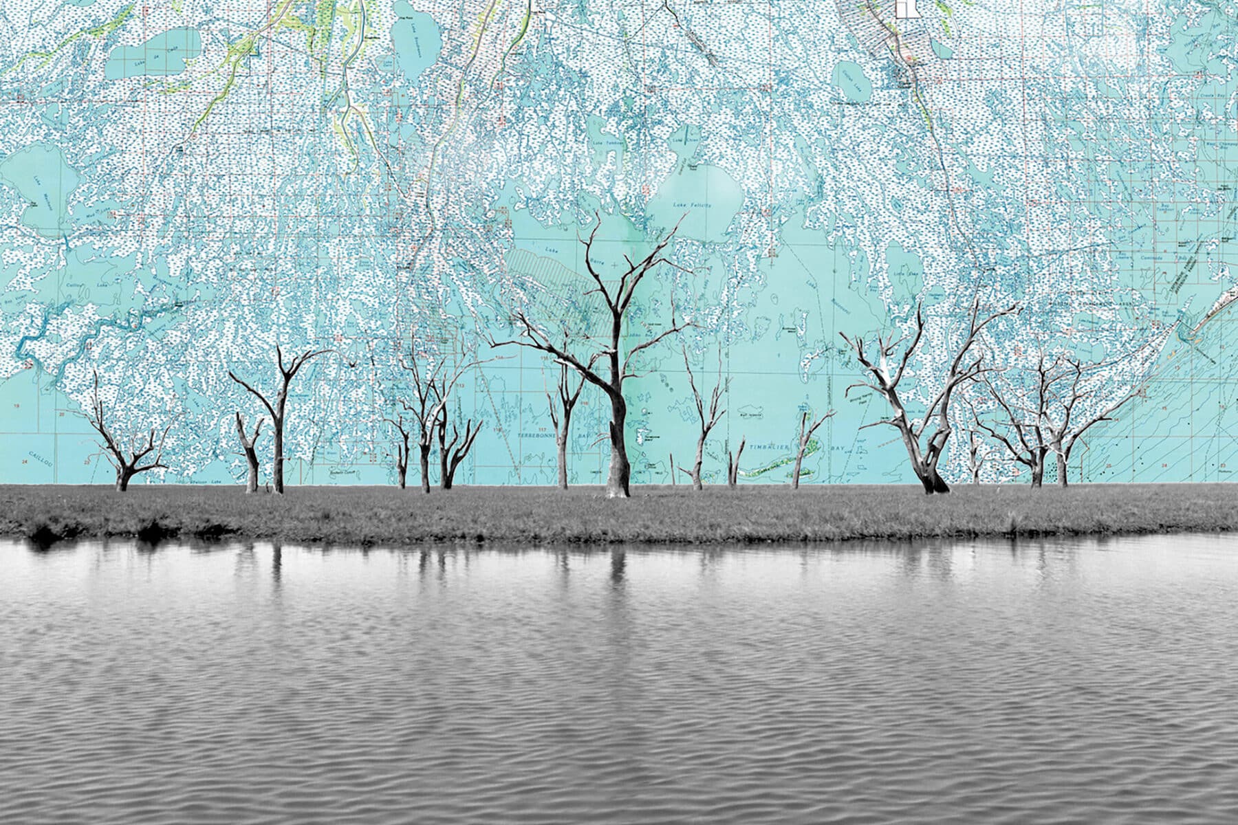 Monique Verdin, "Ghost Forest : Pointe-aux-Chênes : Lost Treasure Map" (2022), digital assemblage. Photograph taken in 2011; United States Geological Survey map, Terrebonne Bay, 1983.