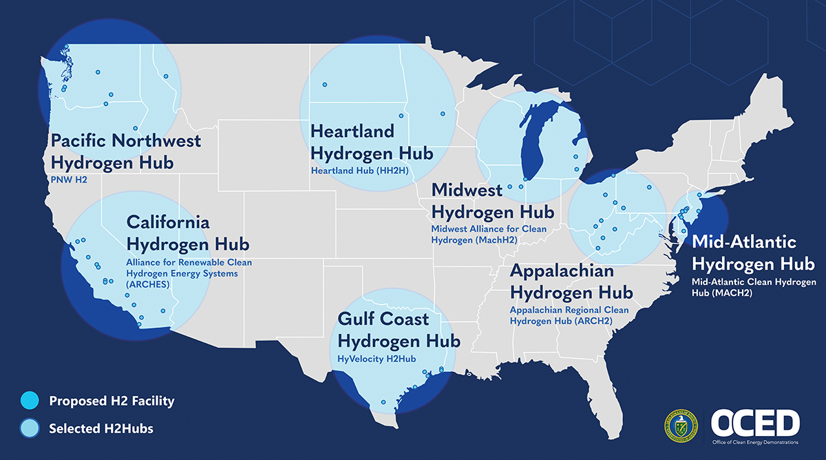 Map of Regional Clean Hydrogen Hubs Selected by the US Department of Energy