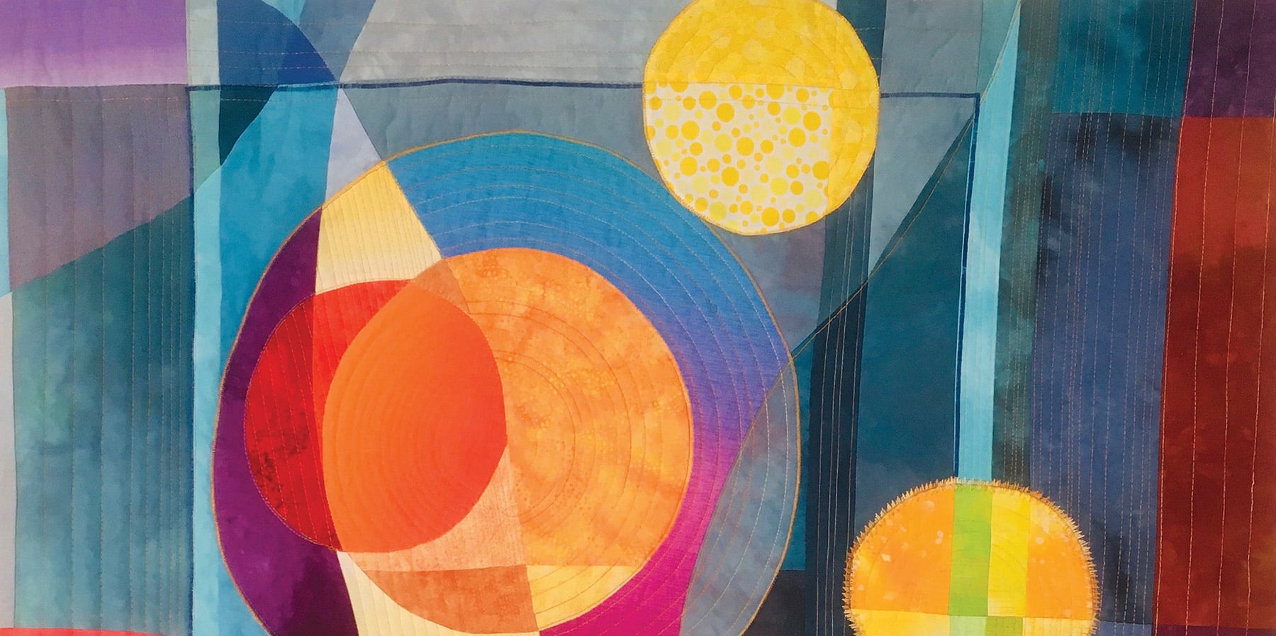 Anne Bellas, "Soleil et Lunes (Sun and Moons)" (detail), 2020, hand dyed, printed, machine pieced, machine quilted, cotton sateen, commercial fabrics, 46 x 36 inches.