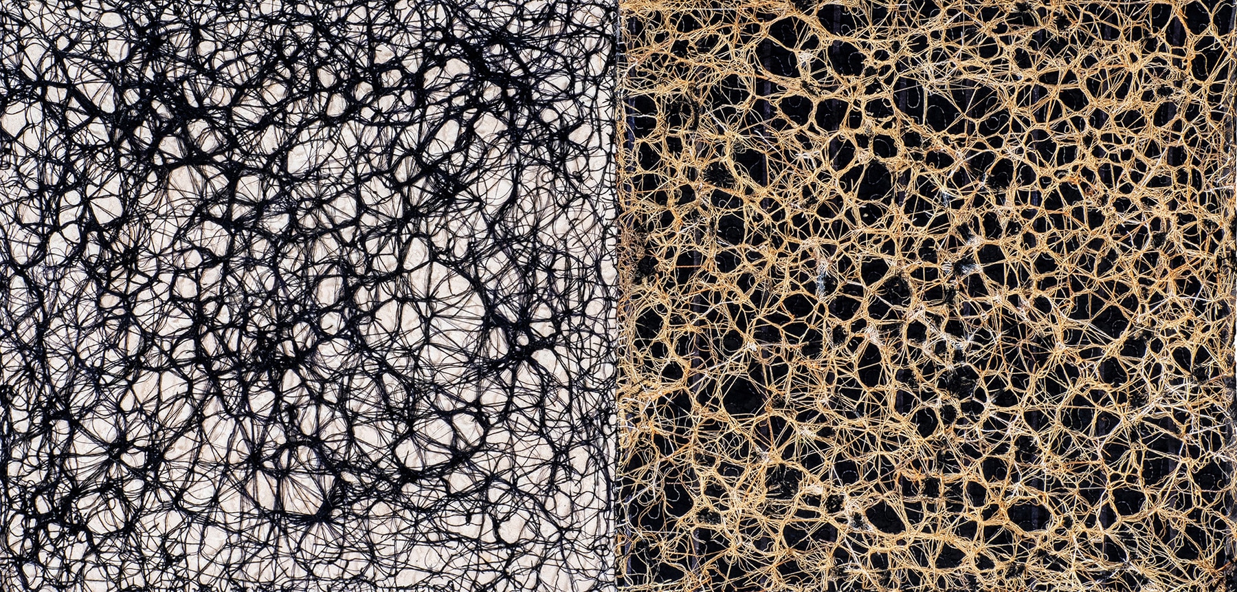 Shin-hee Chin, "Cosmic Threads: Connections of Neurons and Galaxies," 2023, recycled blankets, perle cotton threads, polyester threads, 21.5 x 43 inches.