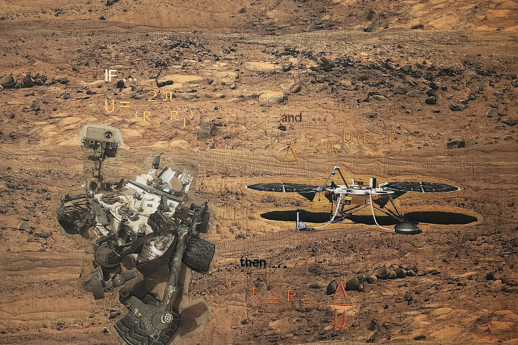Kathleen Decker, "Marsquake!," 2023, cotton fabric, cotton batting, photos printed on fabric (image credit: JPL/NASA), cotton, silk, and polyester quilting thread, 25.5 x 29 inches.