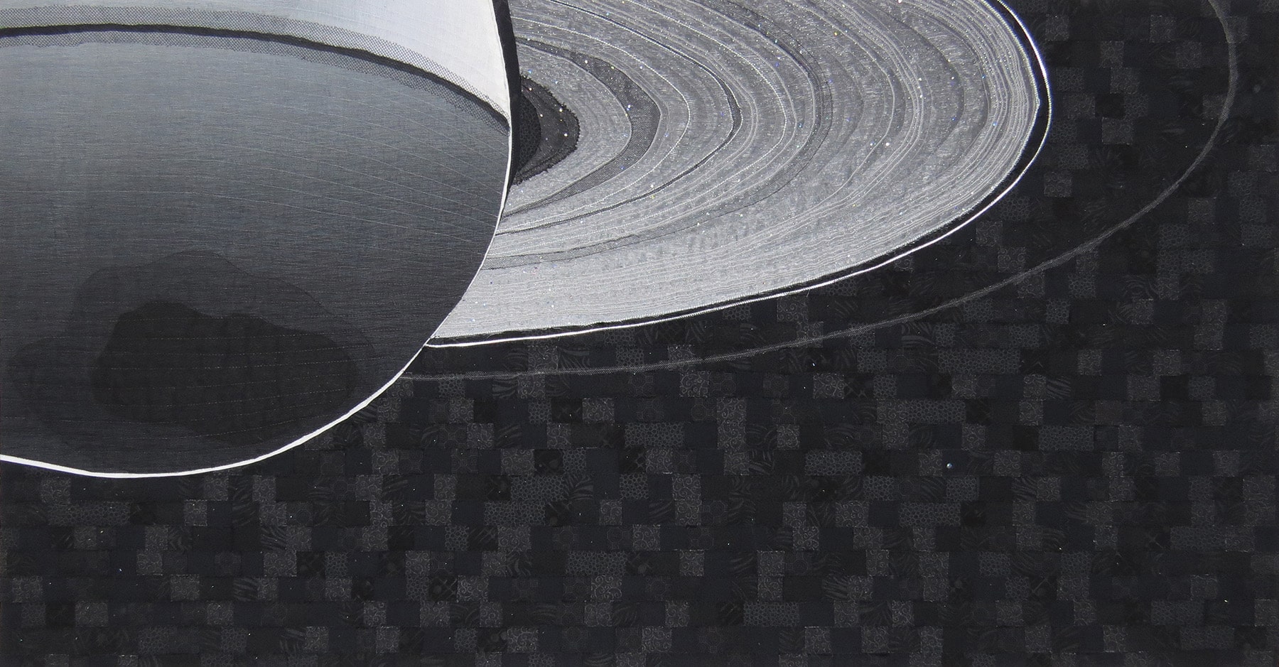 Dolores Miller, "Pale Blue Dot 2," 2023, commercial cottons, polyester sheers and netting, polyester and hologram mylar threads, metallic foil, 19 x 36 inches.