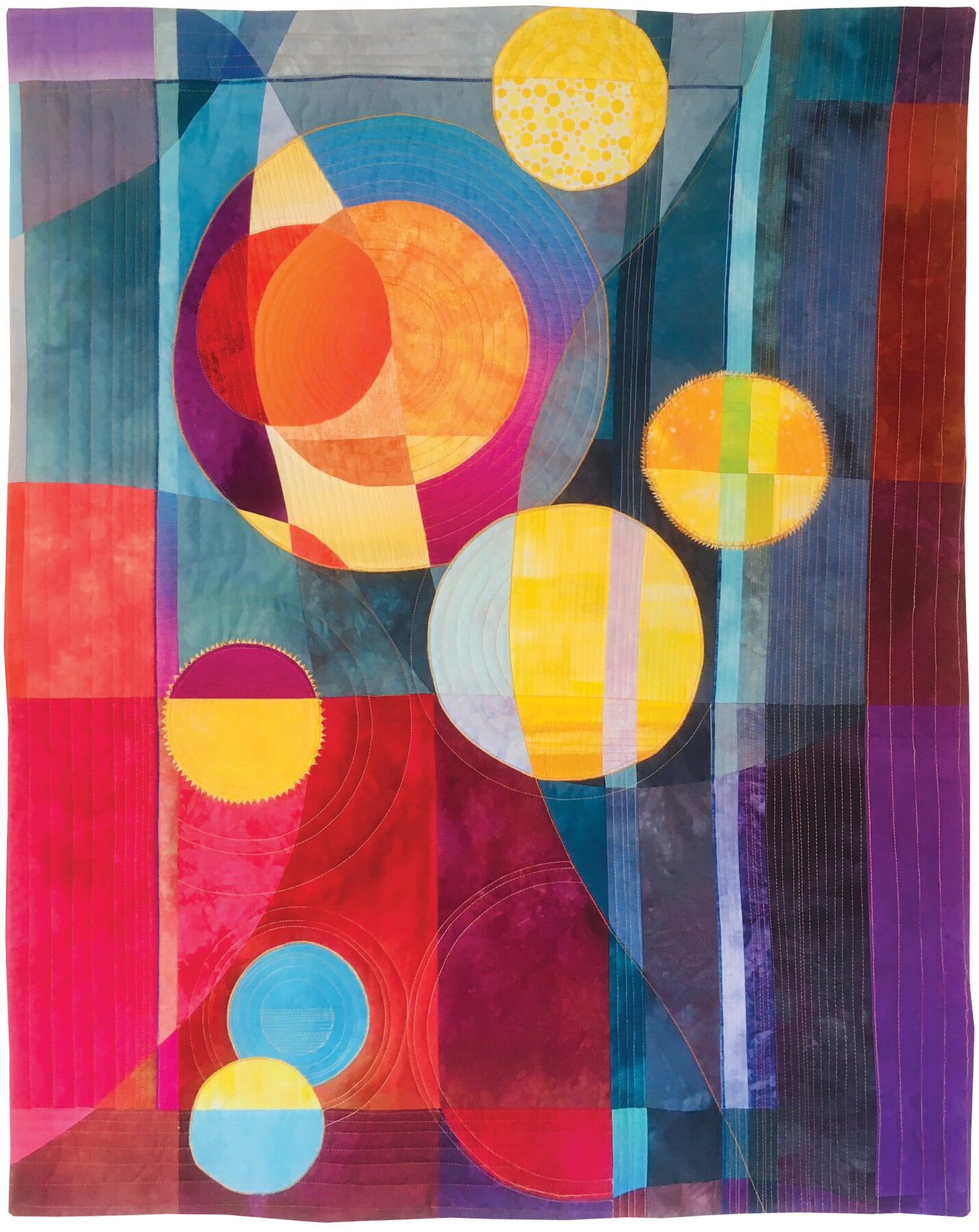 Anne Bellas, "Soleil et Lunes (Sun and Moons)," 2020, hand dyed, printed, machine pieced, machine quilted, cotton sateen, commercial fabrics, 46 x 36 inches.