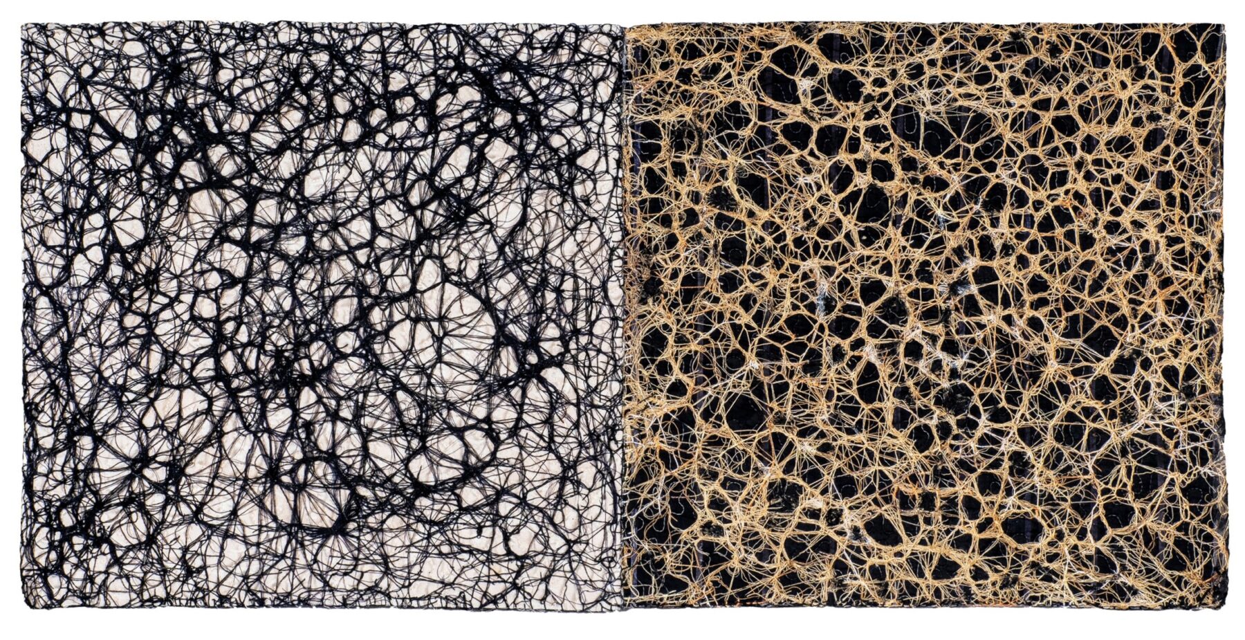 Shin-hee Chin, "Cosmic Threads: Connections of Neurons and Galaxies," 2023, recycled blankets, perle cotton threads, polyester threads, 21.5 x 43 inches.