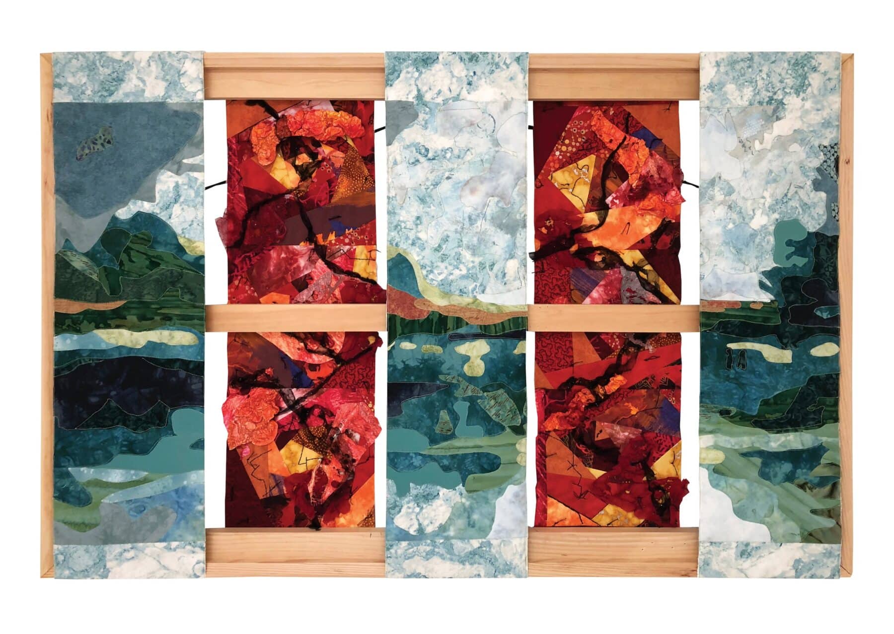 Gail J. Higenell, "Earth Reframed: The Seen and the Unseen," 2023, commercial and hand-dyed cotton fabrics, heat-manipulated materials, embroidery floss, and a frame built from repurposed pine wood, 29 x 44.5 inches.