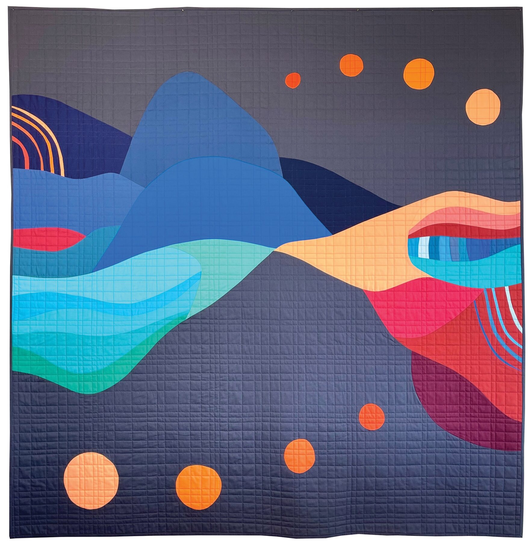 Carolina Oneto, "Imaginary Places IV," 2023, cotton fabrics, cotton batting, threads for piecing and quilting, 56 x 55 inches.