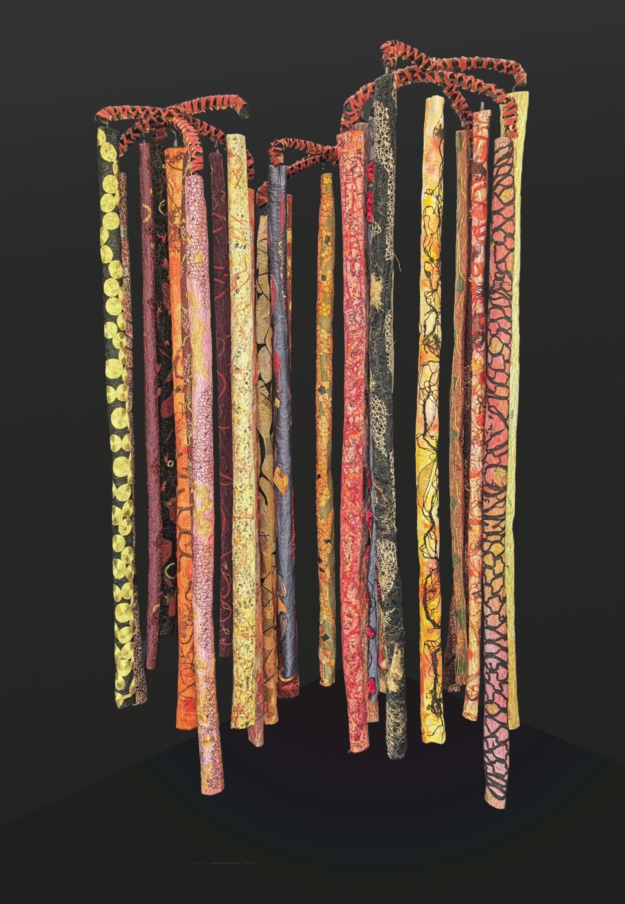 Claire Passmore, "Hot Stuff," 2023, cotton, silk, velvet, felt, tulle, nonwoven fabrics, threads, wool, continuous zip, pvc, fiber filling, dye, acrylic and enamel paint, plastic bottles, gold leaf, mica powder, glue, steel wire, 92.5 x 53 x 49 inches.