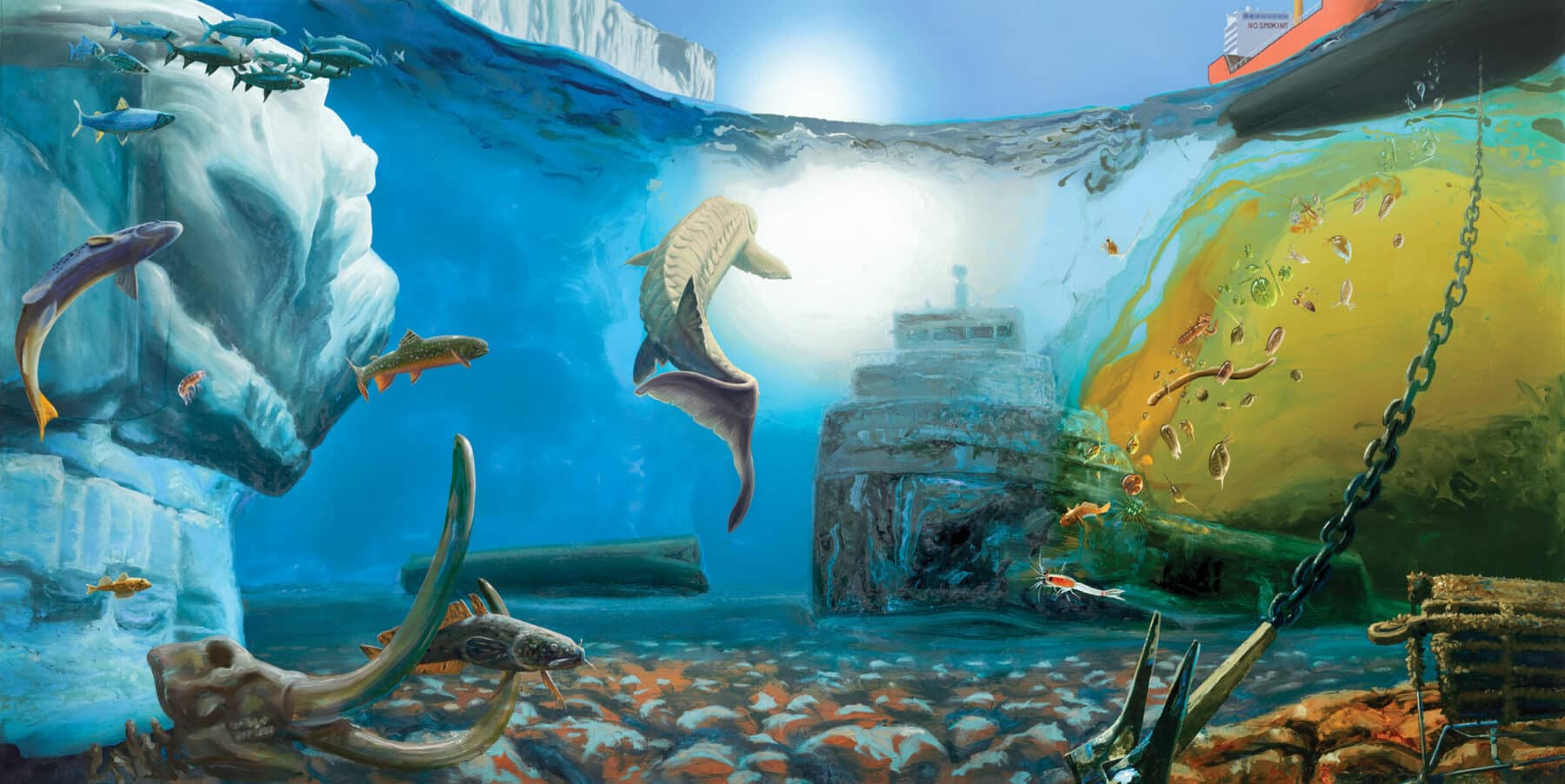 Alexis Rockman, “Pioneers,” from “The Great Lakes Cycle,” 2017, oil and alkyd on wood panel, 72 x 144 inches. Courtesy Sperone Westwater Gallery, New York, and American Federation of Arts.