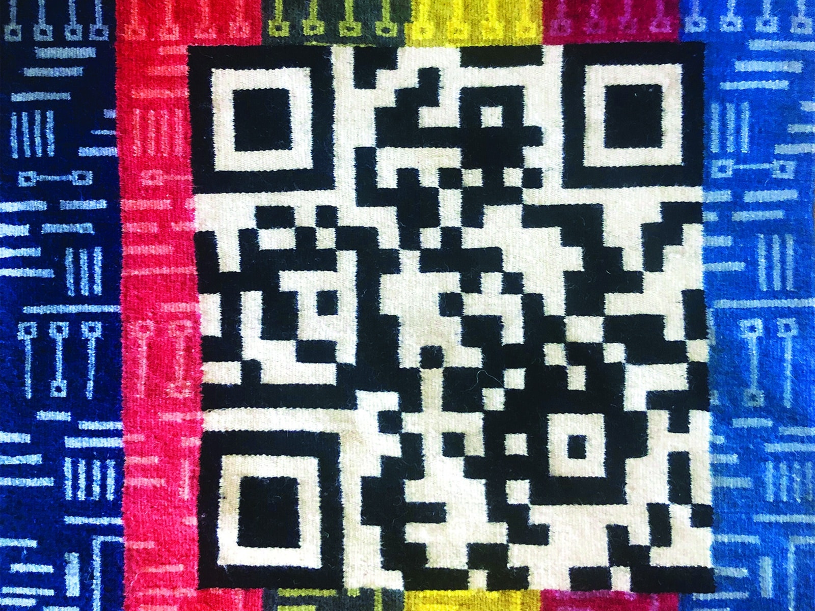 Marilou Schultz, "Navajo Weavings’ Lens Through Technology," 2022, wool, 27.5 x 25 inches. Collection of the Carl & Marilynn Thoma Foundation.