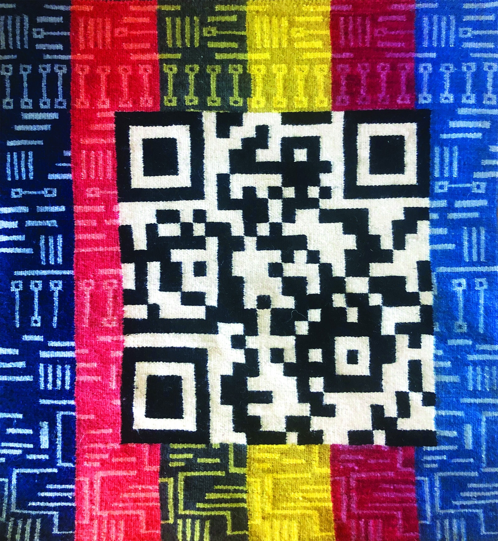 Marilou Schultz, "Navajo Weavings’ Lens Through Technology," 2022, wool, 27.5 x 25 inches. Collection of the Carl & Marilynn Thoma Foundation.