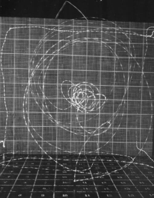 Frank and Lillian Gilbreth, Unidentified cyclegraph. Gridded table and gridded background.