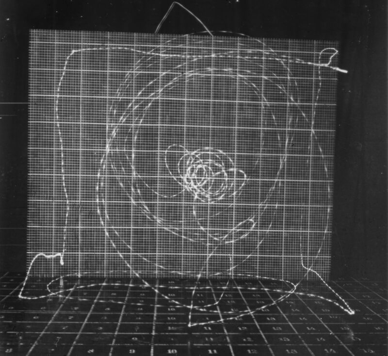 Frank and Lillian Gilbreth, Unidentified cyclegraph. Gridded table and gridded background.