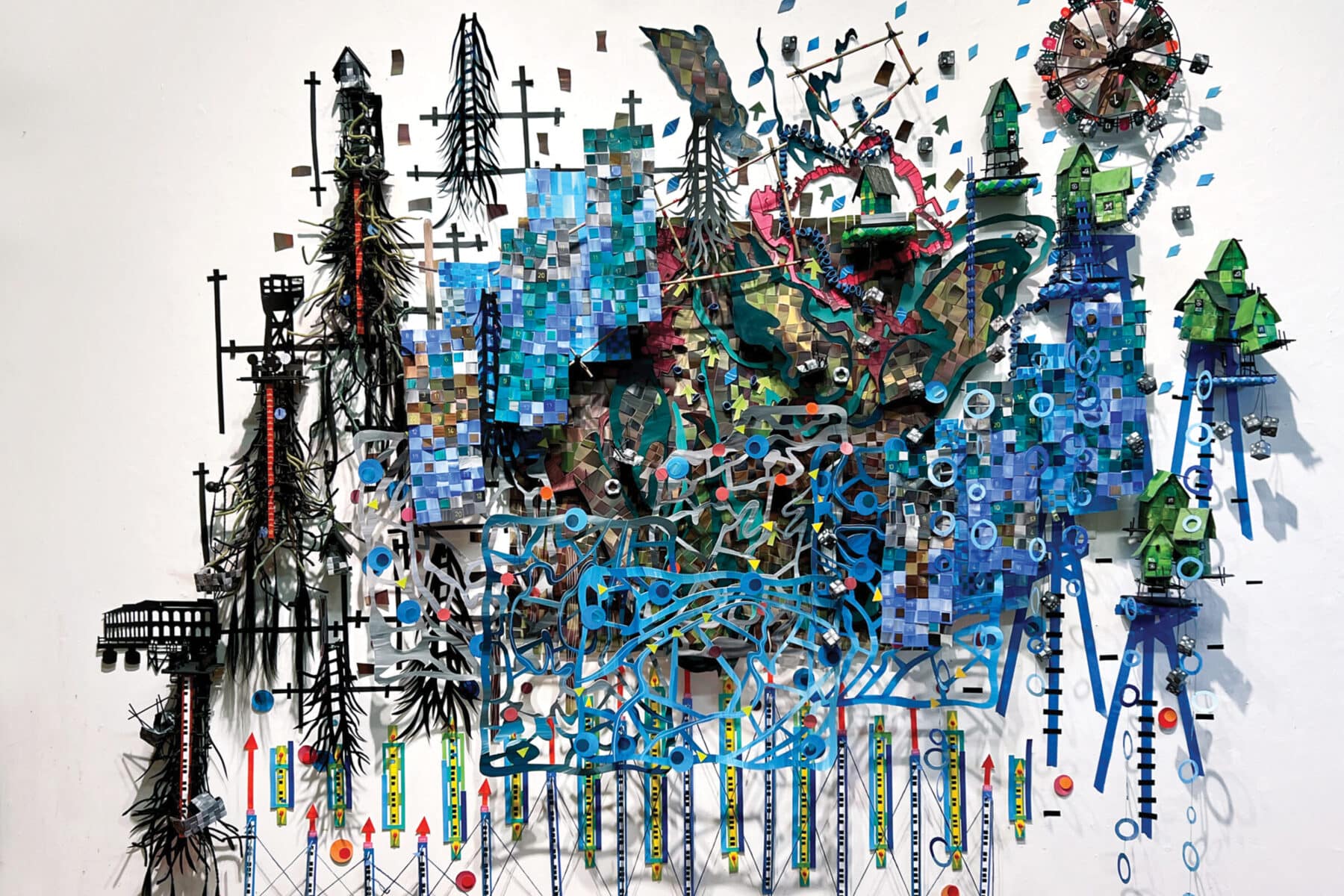 Nathalie Meibach, Changing Lines, 2023, paper, wood, data, 10 ft. x 9 ft. x 1 ft. The Gulf of Maine is one of the fastest-warming waters on the planet. This piece examines the chemical and biological changes in the gulf, with a particular focus on the Bay of Fundy. 