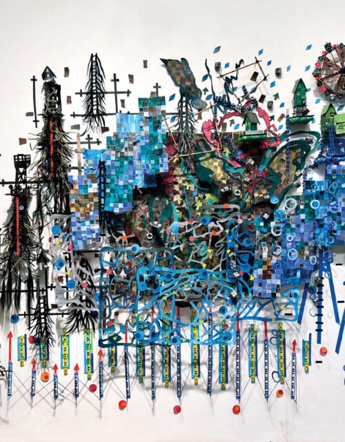 Nathalie Meibach, Changing Lines, 2023, paper, wood, data, 10 ft. x 9 ft. x 1 ft. The Gulf of Maine is one of the fastest-warming waters on the planet. This piece examines the chemical and biological changes in the gulf, with a particular focus on the Bay of Fundy.