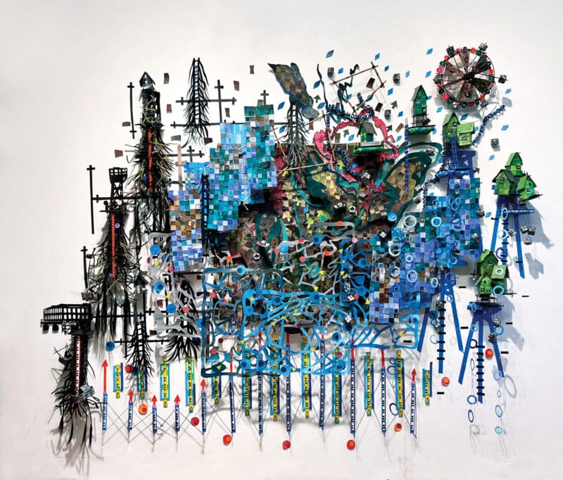 Nathalie Meibach, Changing Lines, 2023, paper, wood, data, 10 ft. x 9 ft. x 1 ft. The Gulf of Maine is one of the fastest-warming waters on the planet. This piece examines the chemical and biological changes in the gulf, with a particular focus on the Bay of Fundy. 