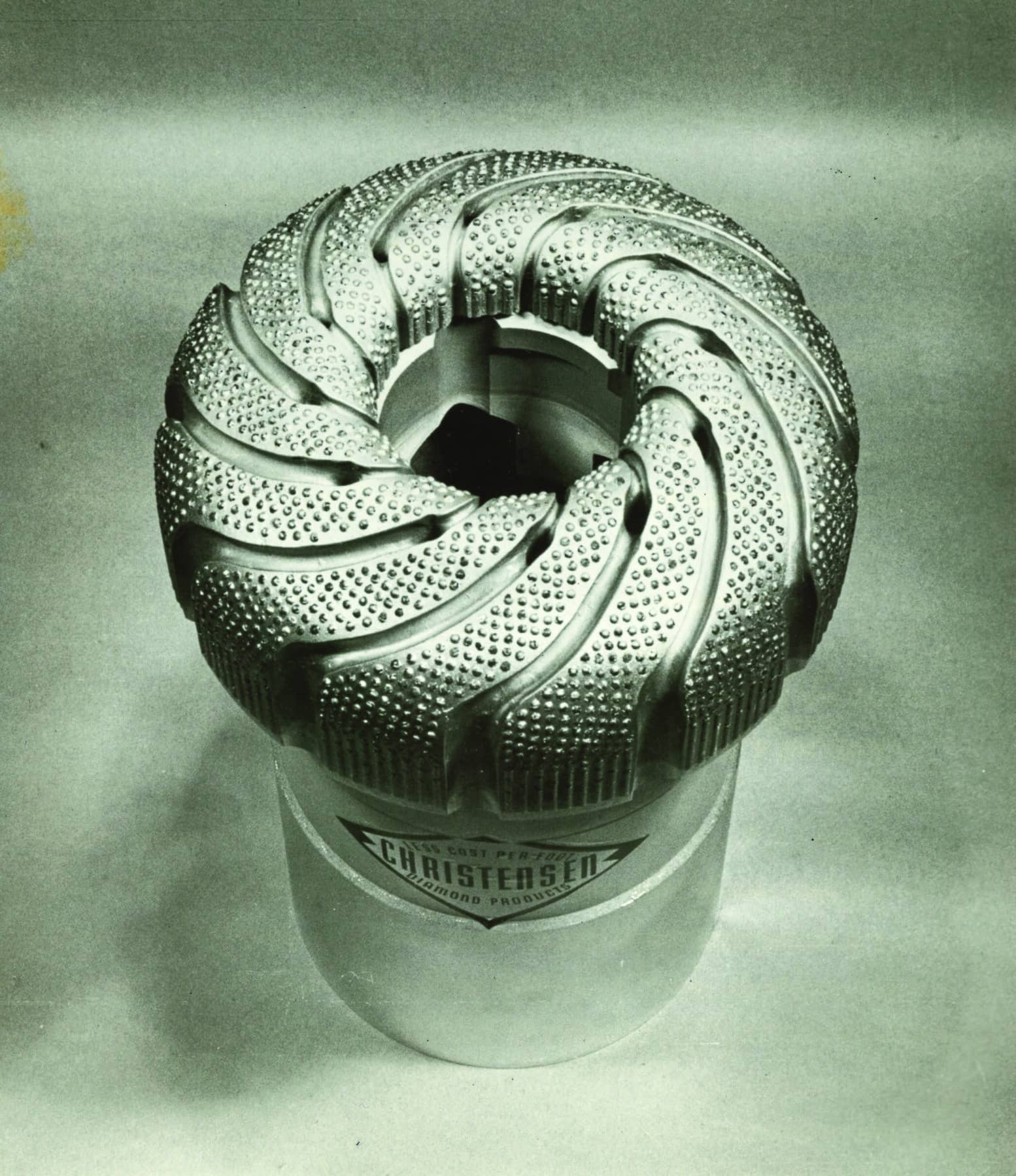 About 2,500 diamond stones pave the surface of a core drill crown produced for Project Mohole. Image courtesy National Academies Archives.