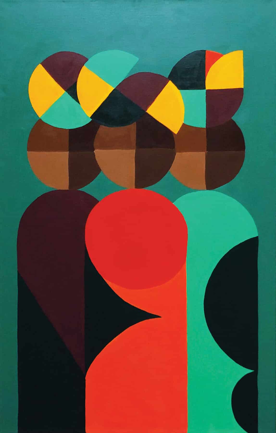 Fitgi Saint-Louis, Three Sisters, 2022, acrylic on linen, 30 x 50 inches.
