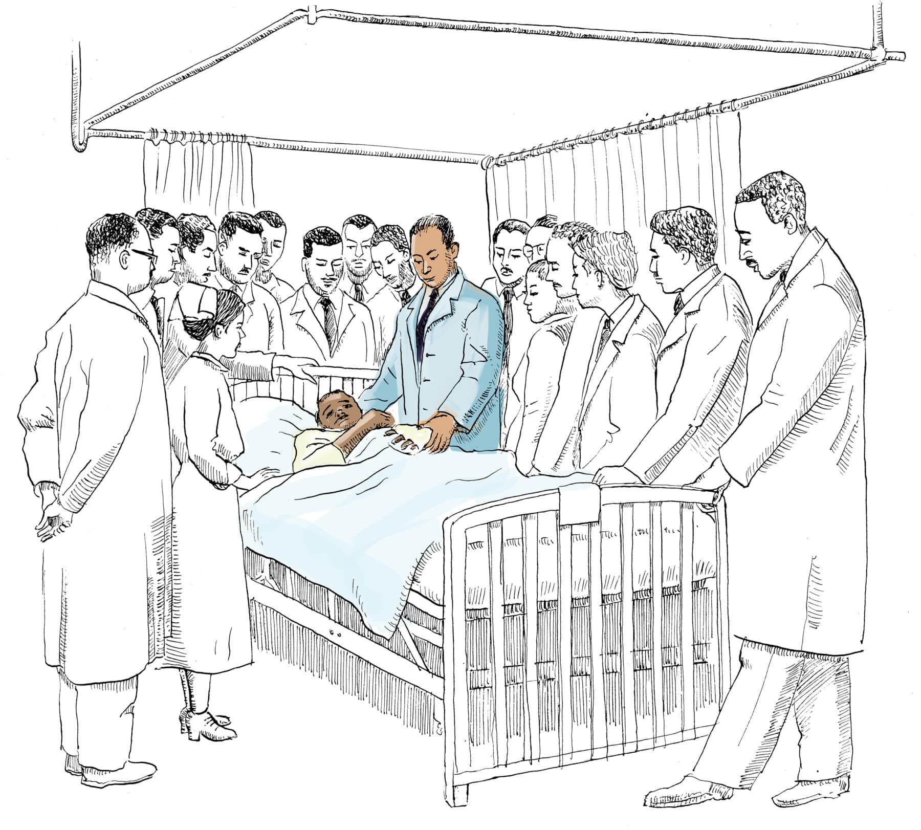 Charles R. Drew Teaching at Freedmen’s Hospital, Washington, DC, ca. 1947. During World War II, surgeon Charles R. Drew developed blood banking and preservation methods that made it possible to collect, store, and transport plasma on an unprecedented scale, saving lives on and off the battlefield. Here, Drew trains the next generation of physicians at Freedmen’s Hospital, now known as Howard University Hospital, reflecting how scientific advances achieve lasting impact not only through discovery, but also through education and public service. Illustration by Olivia Angelozzi.