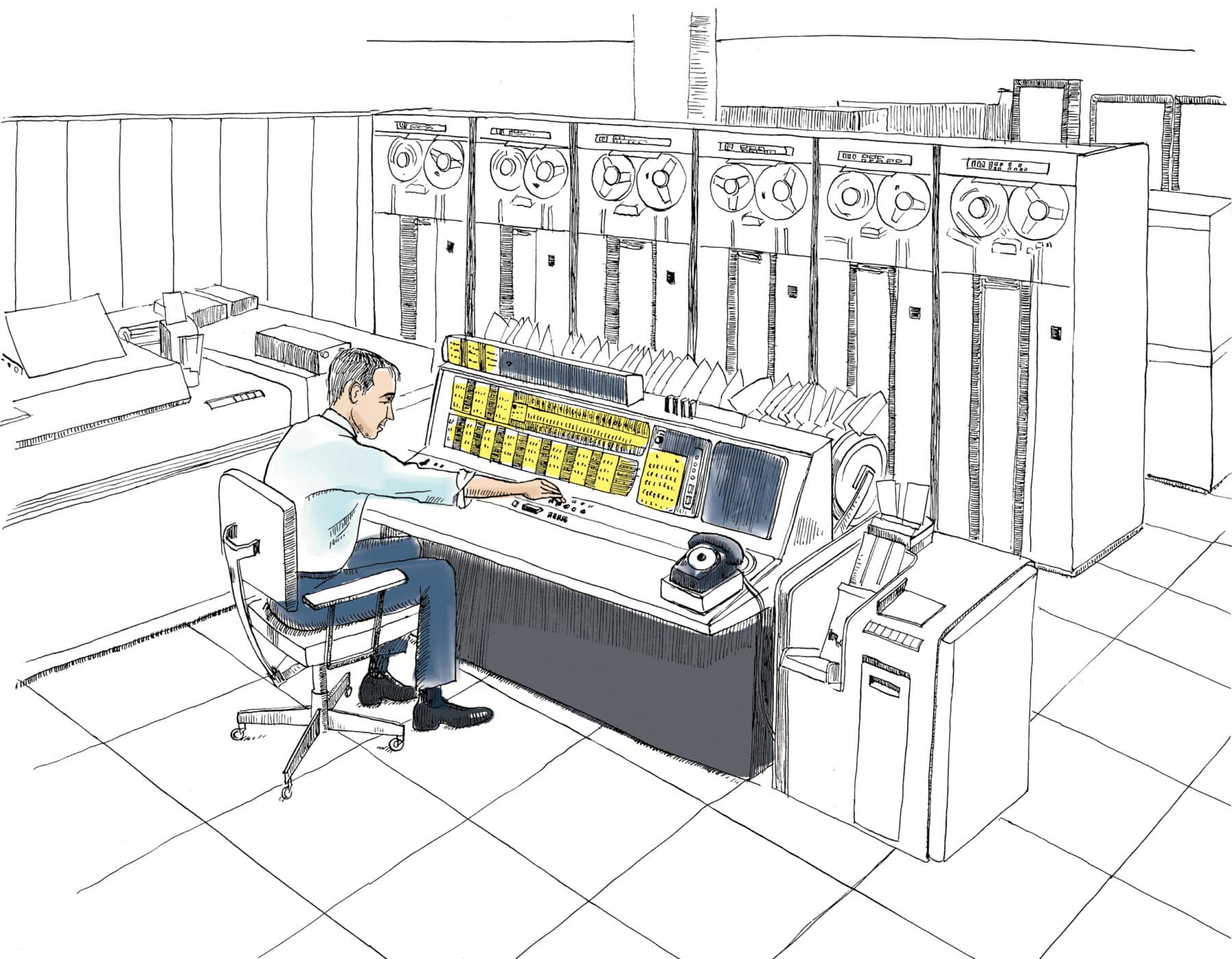 IBM Compatible Time-Sharing System. Introduced in the 1960s, the Compatible Time-Sharing System (CTSS) allowed multiple users to interact with a single computer simultaneously, transforming computing from a specialized tool into a shared resource. By making access to computing more efficient and collaborative, systems like CTSS helped lay the groundwork for the networked technologies that increasingly connected American institutions, workplaces, and daily life. Illustration by Olivia Angelozzi.