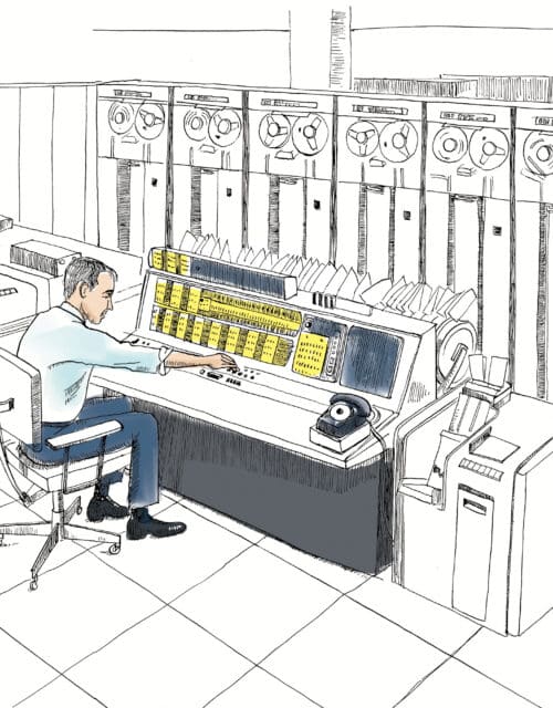IBM Compatible Time-Sharing System. Introduced in the 1960s, the Compatible Time-Sharing System (CTSS) allowed multiple users to interact with a single computer simultaneously, transforming computing from a specialized tool into a shared resource. By making access to computing more efficient and collaborative, systems like CTSS helped lay the groundwork for the networked technologies that increasingly connected American institutions, workplaces, and daily life. Illustration by Olivia Angelozzi.