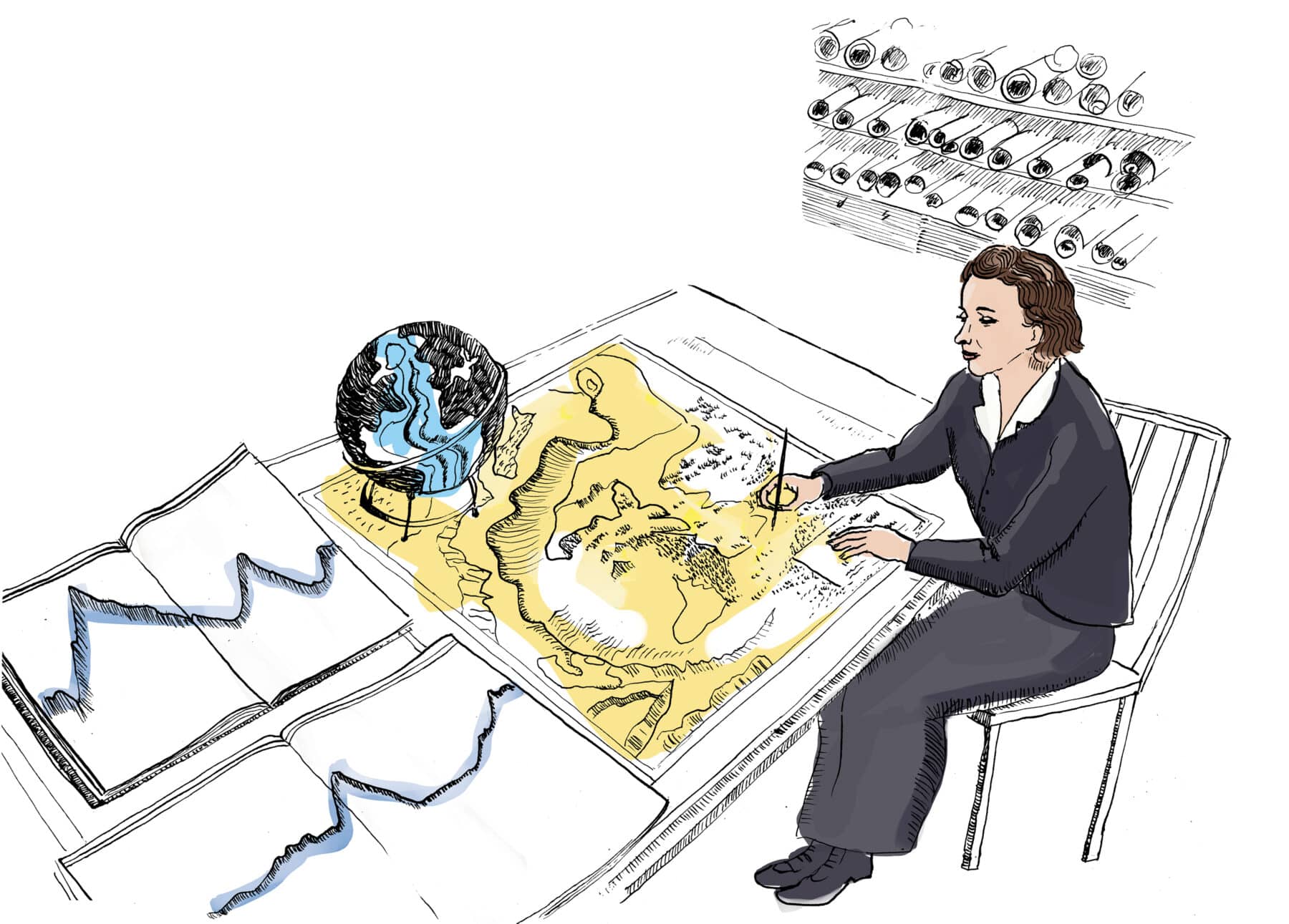 Marie Tharp at Her Drafting Table. Working from thousands of sonar measurements collected across the world’s oceans, cartographer Marie Tharp painstakingly transformed numerical data into visual maps of the seafloor. Her work revealed a continuous mid-ocean ridge system and provided crucial evidence for plate tectonics, fundamentally changing how scientists understood the dynamic structure of Earth. The maps she helped create turned vast stretches of the unseen ocean floor into a landscape that could finally be explored and understood. Illustration by Olivia Angelozzi.