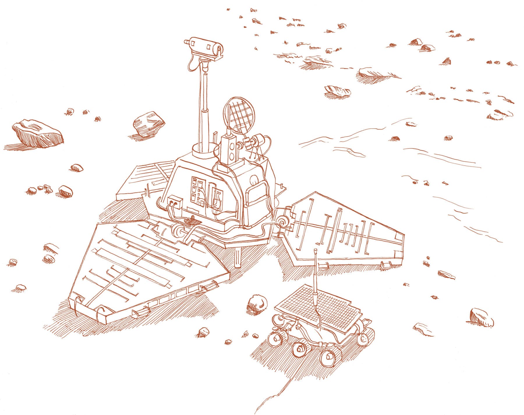 Sojourner and Pathfinder. When NASA’s Mars Pathfinder mission landed in 1997, the rover Sojourner became the first wheeled vehicle to explore another planet. Its success launched a new era of robotic exploration, paving the way for missions that revealed evidence of ancient water and environments that may once have supported life on Mars. Built through decades of public support for space exploration, these missions have transformed Mars from a distant point of light into a place scientists can investigate as a dynamic world with its own history. Illustration by Olivia Angelozzi.