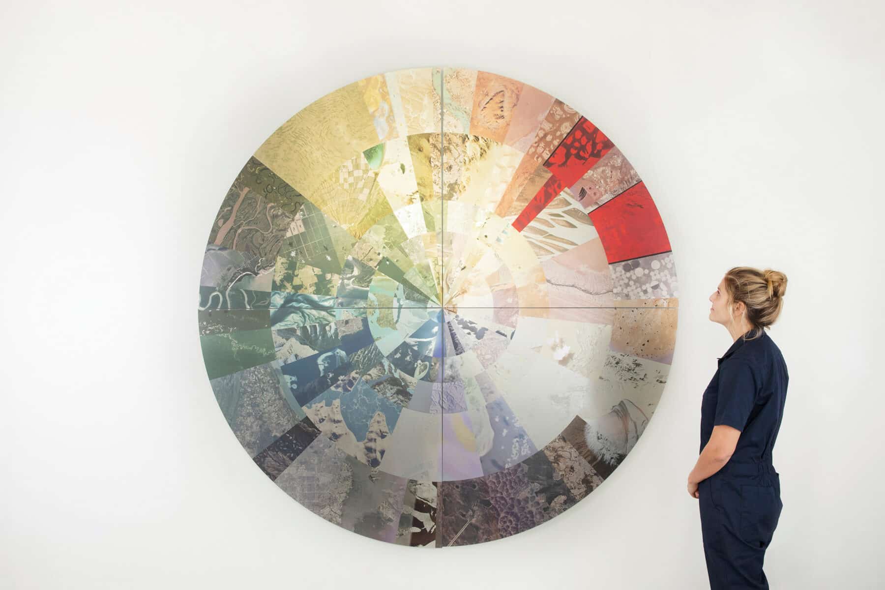 Richelle Ellis, Earth Tones, 2026, digital collage using satellite images provided by Planet printed on mirror dibond, 88 x 88 x 2 inches.