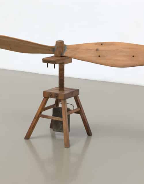 Robert Rauschenberg, Prehistoric Rose Spore (Kabal American Zephyr), 1981, assembled wood, stone, and metal, 34.5 x 76.5 x 15.25 inches. Courtesy Robert Rauschenberg Foundation.
