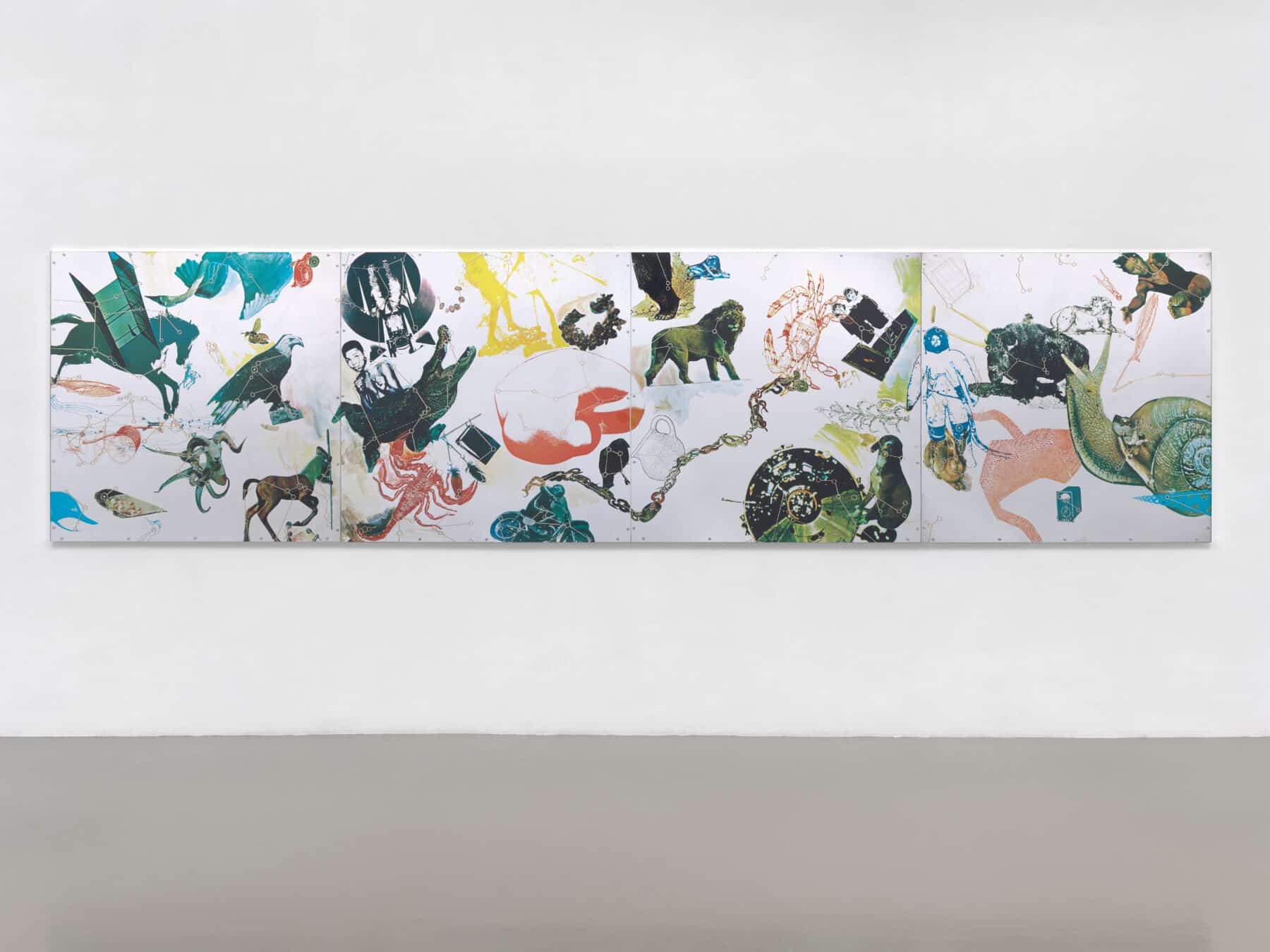 Robert Rauschenberg, Star Quarters I–IV, 1971, screenprint on mirrored Plexiglas, four panels, 48 x 192 inches overall. Courtesy Robert Rauschenberg Foundation.